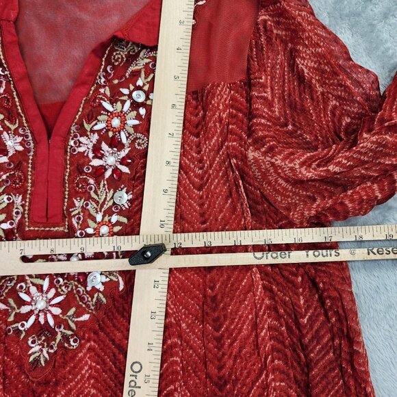 Soft Surroundings Tunic Top Women S Red Embellished Chiffon Beaded Boho Flowy - Picture 9 of 12